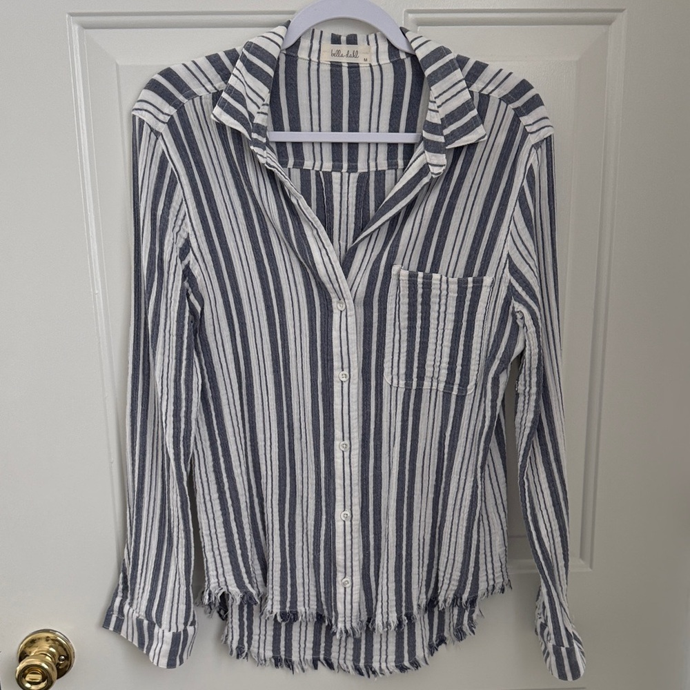 Bella Dahl Chambray and White Striped Gauze Button Down Shirt - Frayed Hem